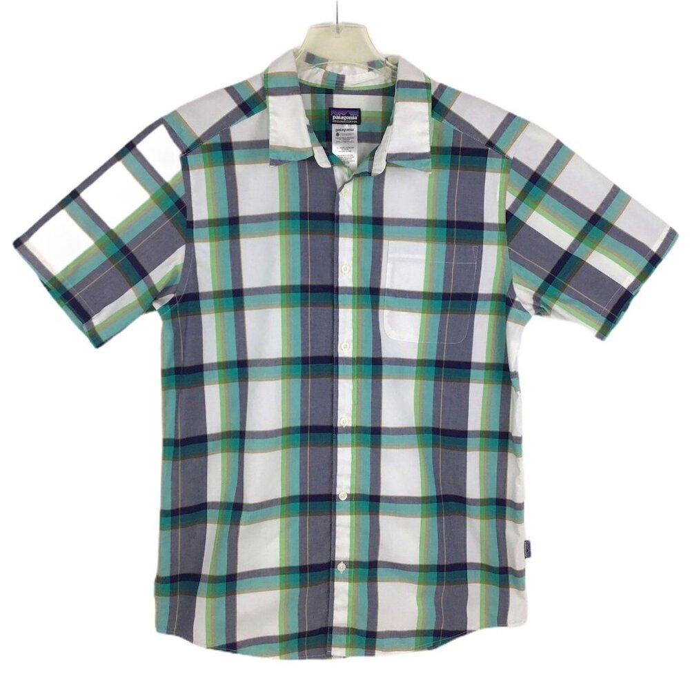 Patagonia Mens L Button Up Shirt Short Sleeve Blue Green Plaid Cotton Collar